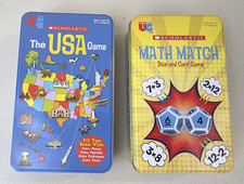 Scholastic Math Match and The USA Game Educational Card Dice Games in Metal Tins
