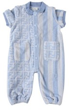 FENDI KIDS BABY SHORT SLEEVE BUTTON UP JUMPSUIT WITH FF PATTERN AND STRIPE 12m