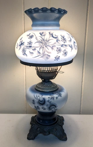 Vintage Gone With The Wind Hurricane Lamp Cobalt Blue Painted Floral Milk Glass