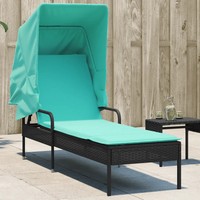 Sonnenliege Mit Sonnendach Poly-Rattan Schwarz Garten Terrasse Balkon