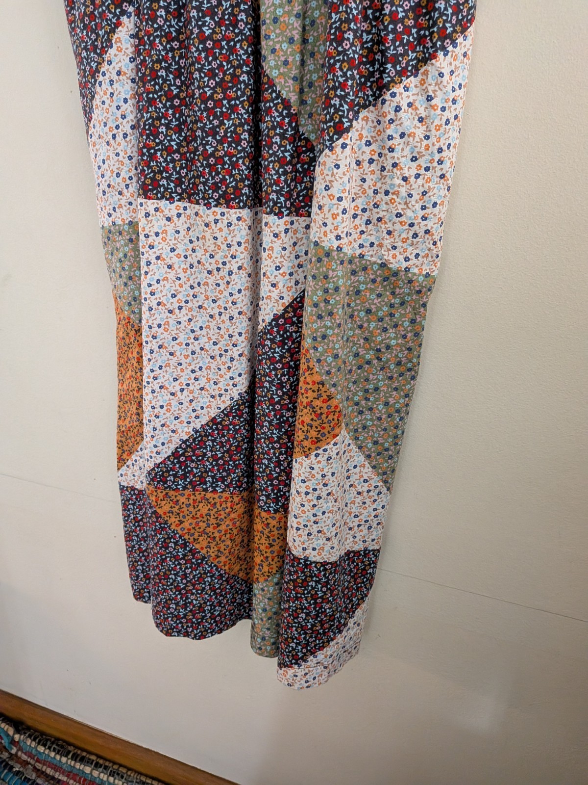 Geometric Patchwork Midi Dress Smocked Bodice Sle… - image 2