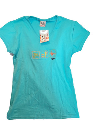 Cler's Art Embroidered T Shirt Women's Medium Blue Monkey Spider Clever New Peru