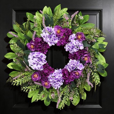 Spring Wreaths for Front Door, 24 Inch Wreath Purple Floral 