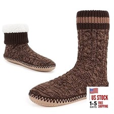 Cozylook Mens Slipper Socks Fleece Lined Non-slip Soles, 12-13 Cable Knit Brown