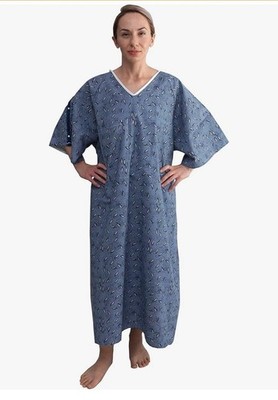 1 PK 3XL Hospital Gown   Blue Leaf Print V-Neck Unisex Patient Robe with Stee...