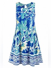 Tango Mango Blue Teal Floral Sleeveless Aline Dress with Keyhole - M