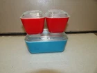 Vintage Pyrex Primary Refrigerator Dish Set 3 With Lids Blue Red 501 & 502 READ