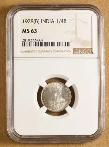 1928 B India 1/4 Rupee NGC MS63