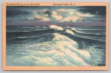 Postcard Barnegat Light NJ Breaking Waves Moonlight Ocean Sea Vintage Linen