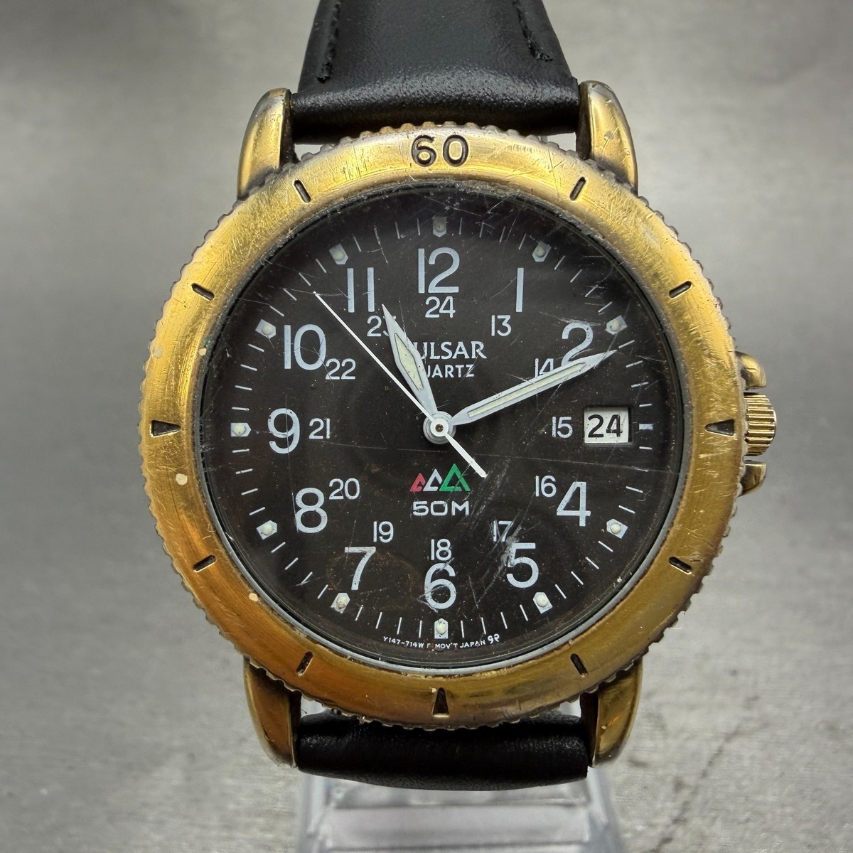 Seiko Pulsar Watch Men 36mm Black Dial Gold Tone Date Y147-7070