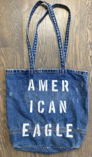 American Eagle Denim Distressed Tote Bag Blue White Logo Spell Out