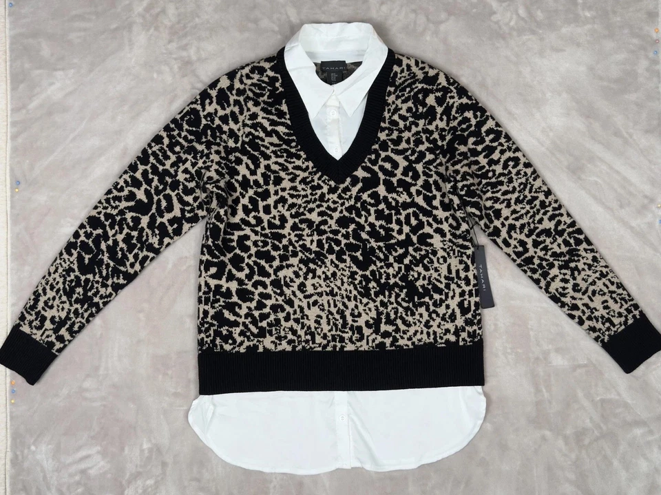 Suéter feminino Tahari médio preto bege leopardo gola V pulôver em camadas - Imagem 4 de 4