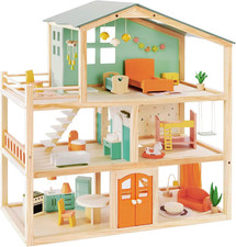 Wooden Dollhouse Playset Large 32-Piece Miniature Furniture Choose Your Color
