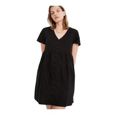 Madewell Linen-Blend Alexandra Button-Front Mini Dress V neck black AL713 size M