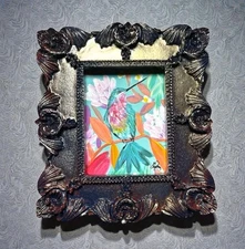 Botanical Hummingbird miniature watercolor print in vintage style ornate frame