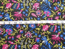 1 yd 100 Prewashed Flawed Cotton Fabric Black With Pink Blue Flowers