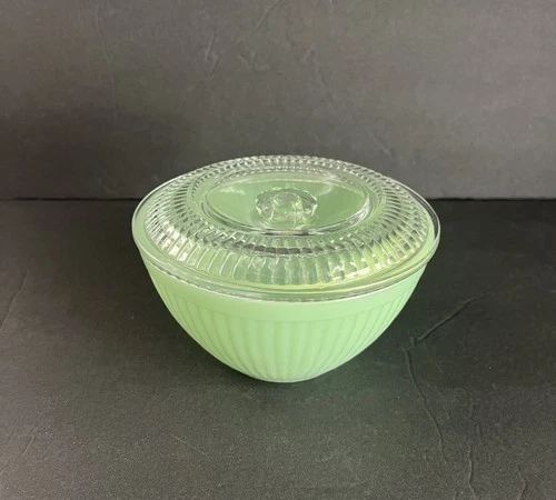 Vintage Fire King Jadeite 5 1/2" Round Ribbed Left-over Bowl w/Crystal Lid