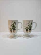 Pedestal Coffee/ Tea Cups Set Of Two Snake Plant 10oz Mugs Kitchen Home Decor 