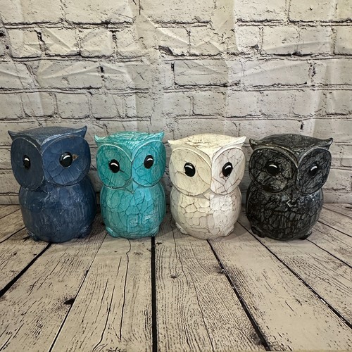 12cm x 10cm Blue Flower Wooden Shabby Owl Statue Ornament Fair Trade Handcarved - Picture 11 of 11