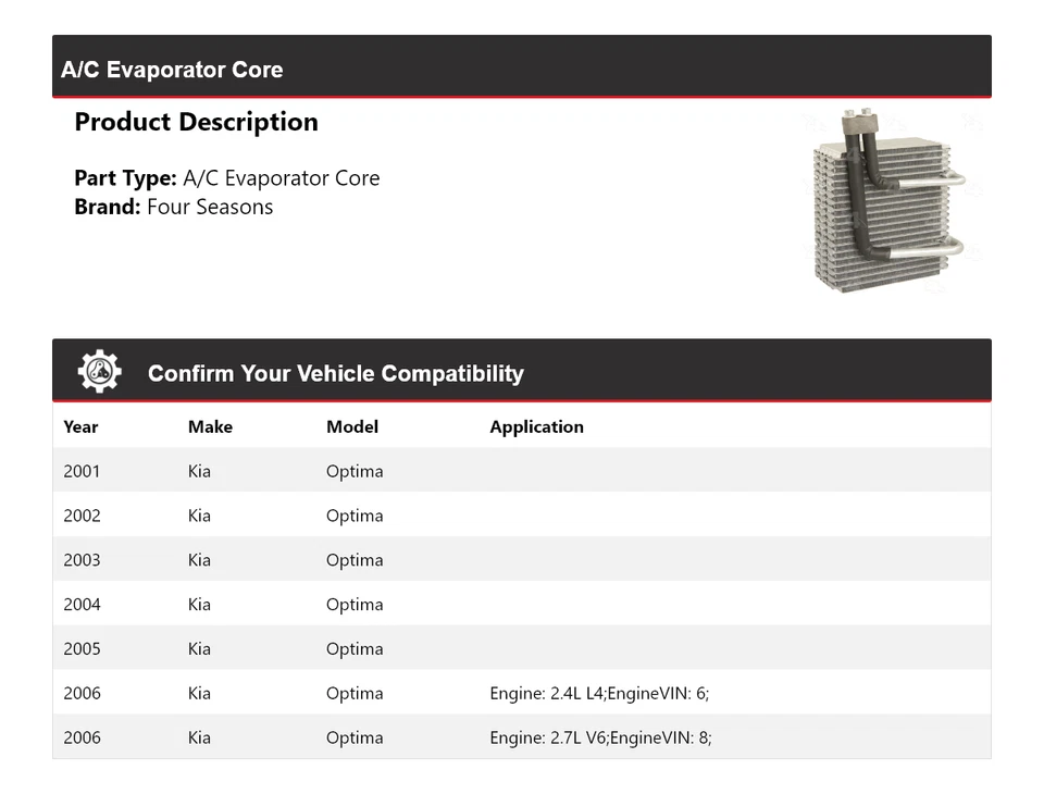 Núcleo evaporador aire acondicionado Kia Optima 2001-2006 4 estaciones 2002 2003 2004 2005 Foto 2 de 4