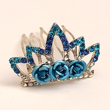 Princess Tiara Hair Comb Blue Flowers Rhinestones Silver Tone