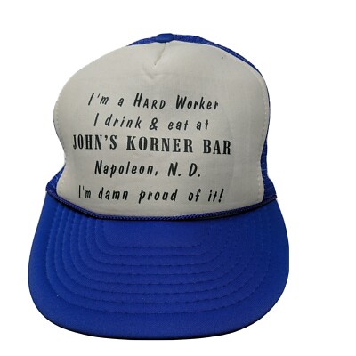 Vintage John's Korner Bar, Napoleon, N. D. Mesh Snapback Trucker Hat , Blue Cap