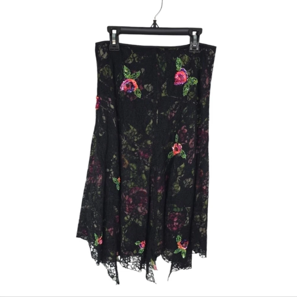 {Nicole Miller} Falda asimétrica vintage años 90 Y2K encaje superpuesto lentejuelas florales Foto 2 de 4