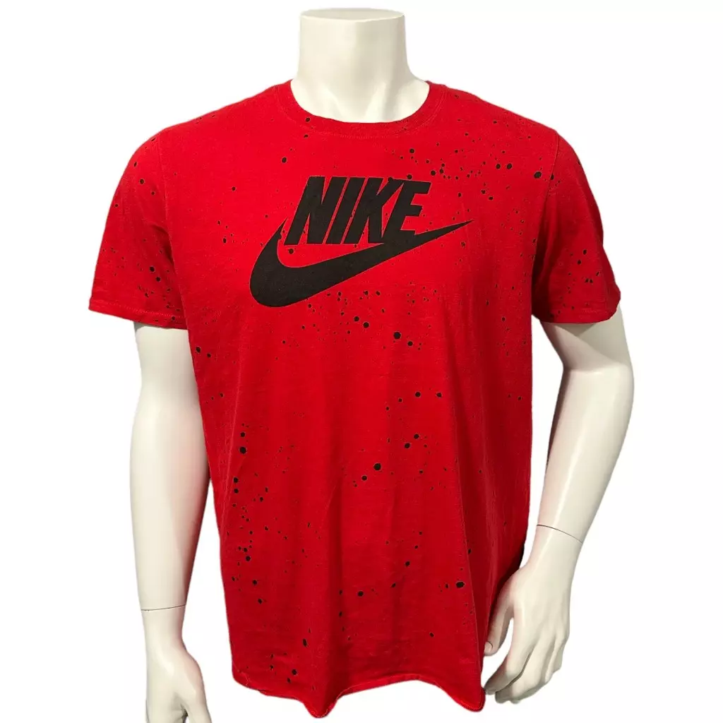 Nike Mens Graphic T Shirt Red Black Speckled Stripes Logo Short Sleeve Crew L