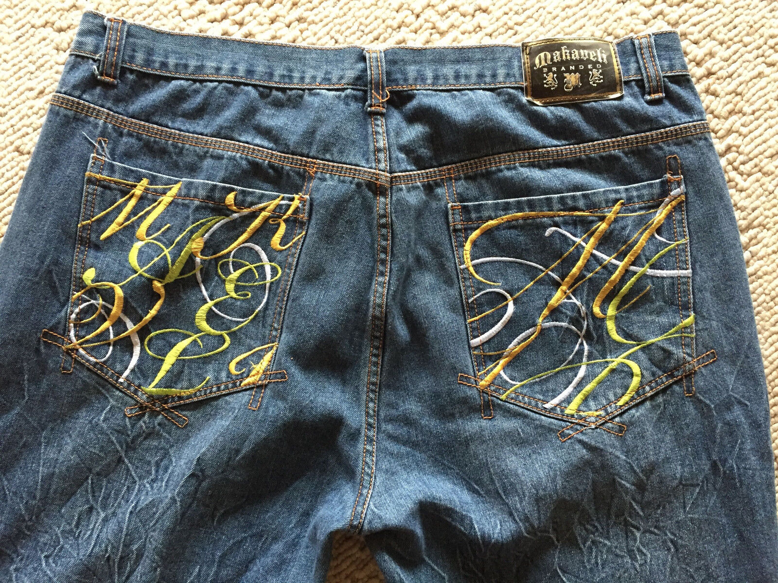 Makaveli Branded Designer Jeans Scrolled Logo Embroidery Back Pockets 42x32