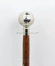 Vintage Brass Designer Globe Head Handle Wooden Walking Cane Antique Stick Cane