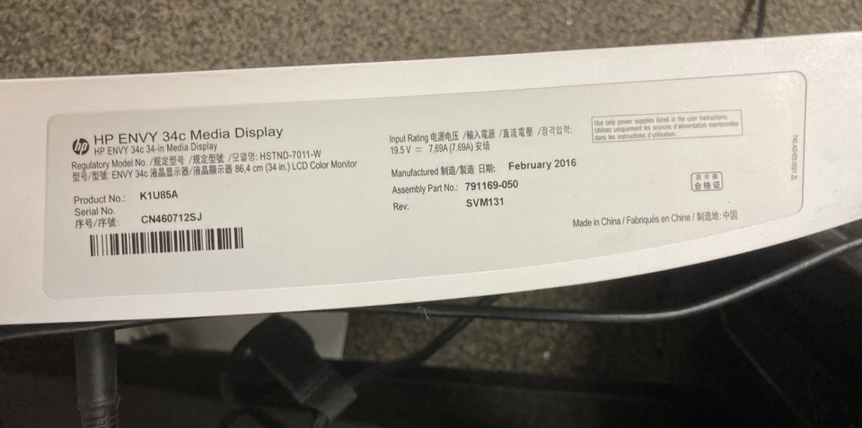 Pantalla multimedia curva HP Envy 34c 34" HDMI WQHD 3440 x 1440 sin soporte con cables Foto 3 de 4