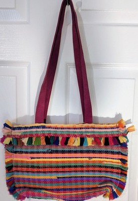 Raj Rainbow Stripe Tassel Tote Bag Multicolor Boho Woven Fringe Shoulder Bag