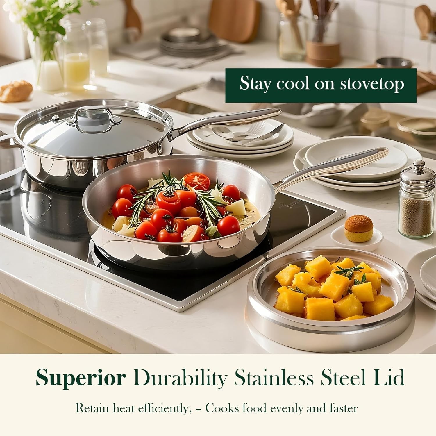 12 Inch Tri-Ply Stainless Steel Frying Pan, Frying Pan with Lid, PFOA/PTFE Free 