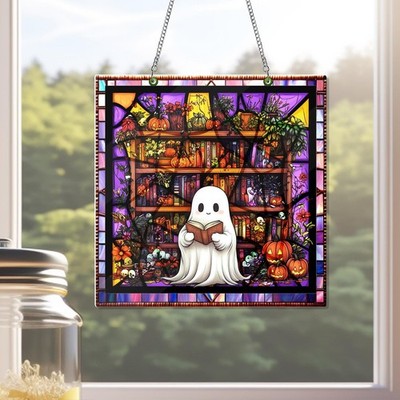 Ghost Reading Book Acrylic Window Hanging,Suncatcher Ornament,Spooky Halloween