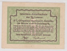 Notgeld Schlesien, 5 Goldmark Banknote = 1/8 Festmeter 1.11.1923 Glogau (149679)