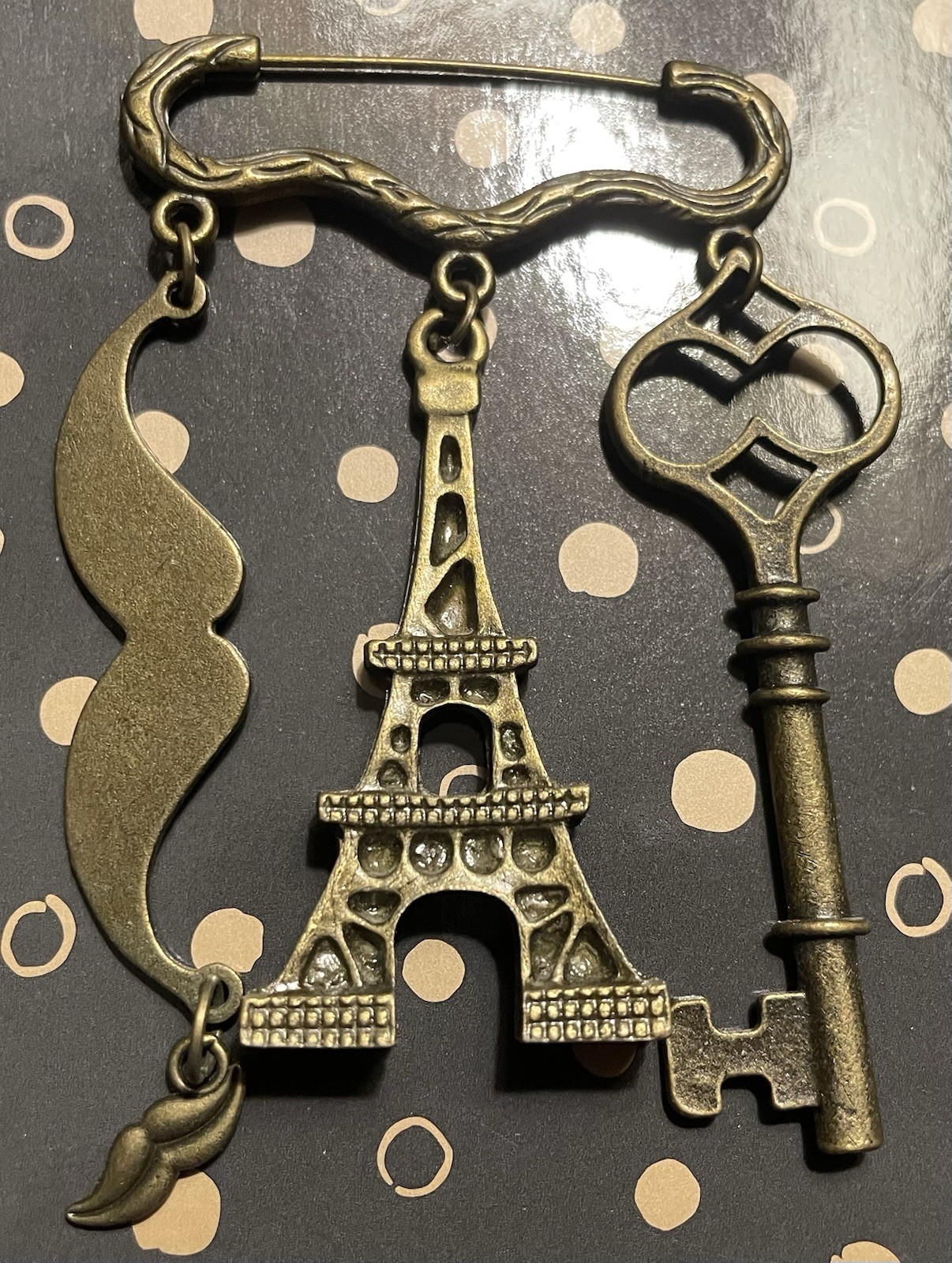 Mustache Eiffel Tower Skeleton Key Kilt Charm Pin… - image 1