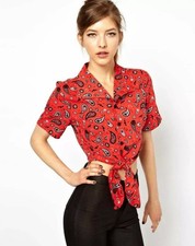 FRED PERRY AMY WINEHOUSE RED PAISLEY BANDANA CROP TIE BLOUSE SHIRT 12 WORN ONCE