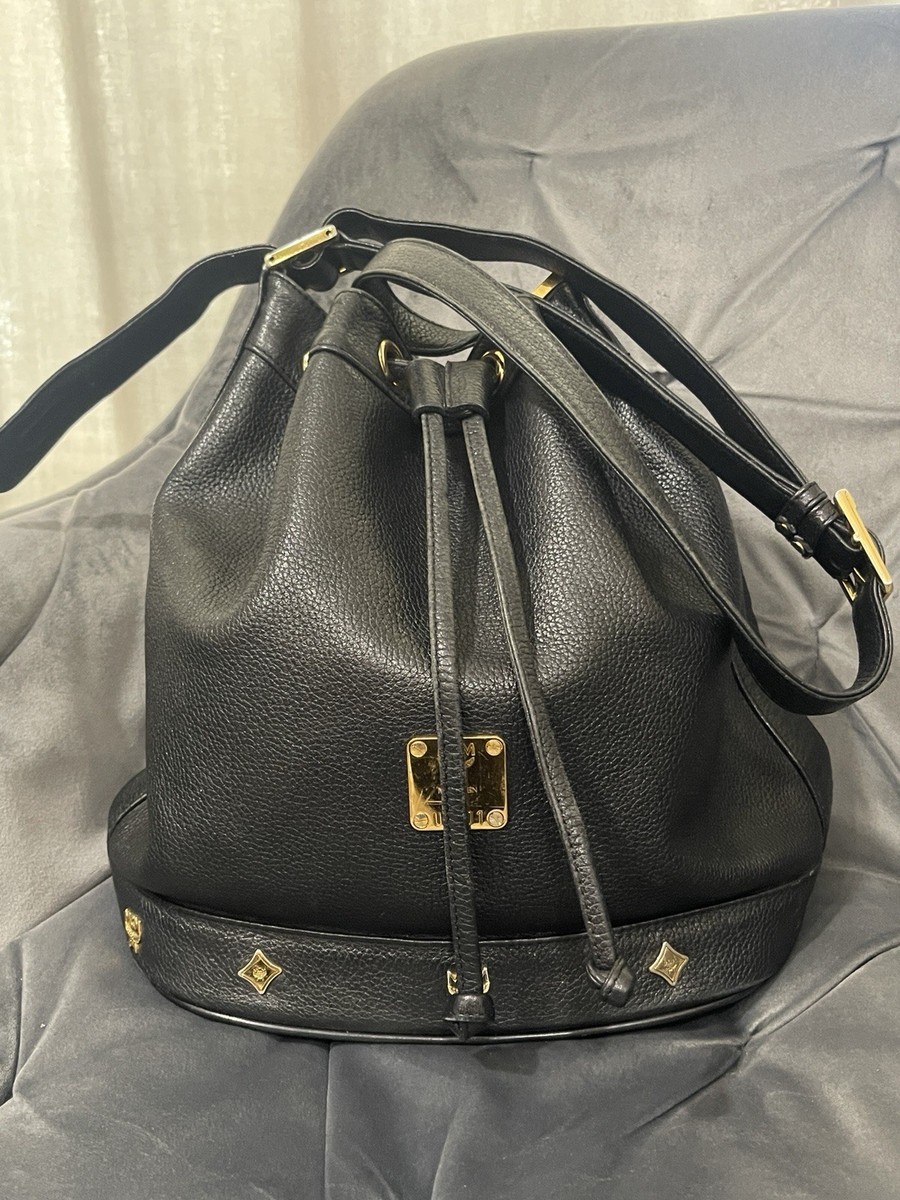 MCM Vtg Drawstring Crossbody Leather Buckle Gold Hardware  display picture 1