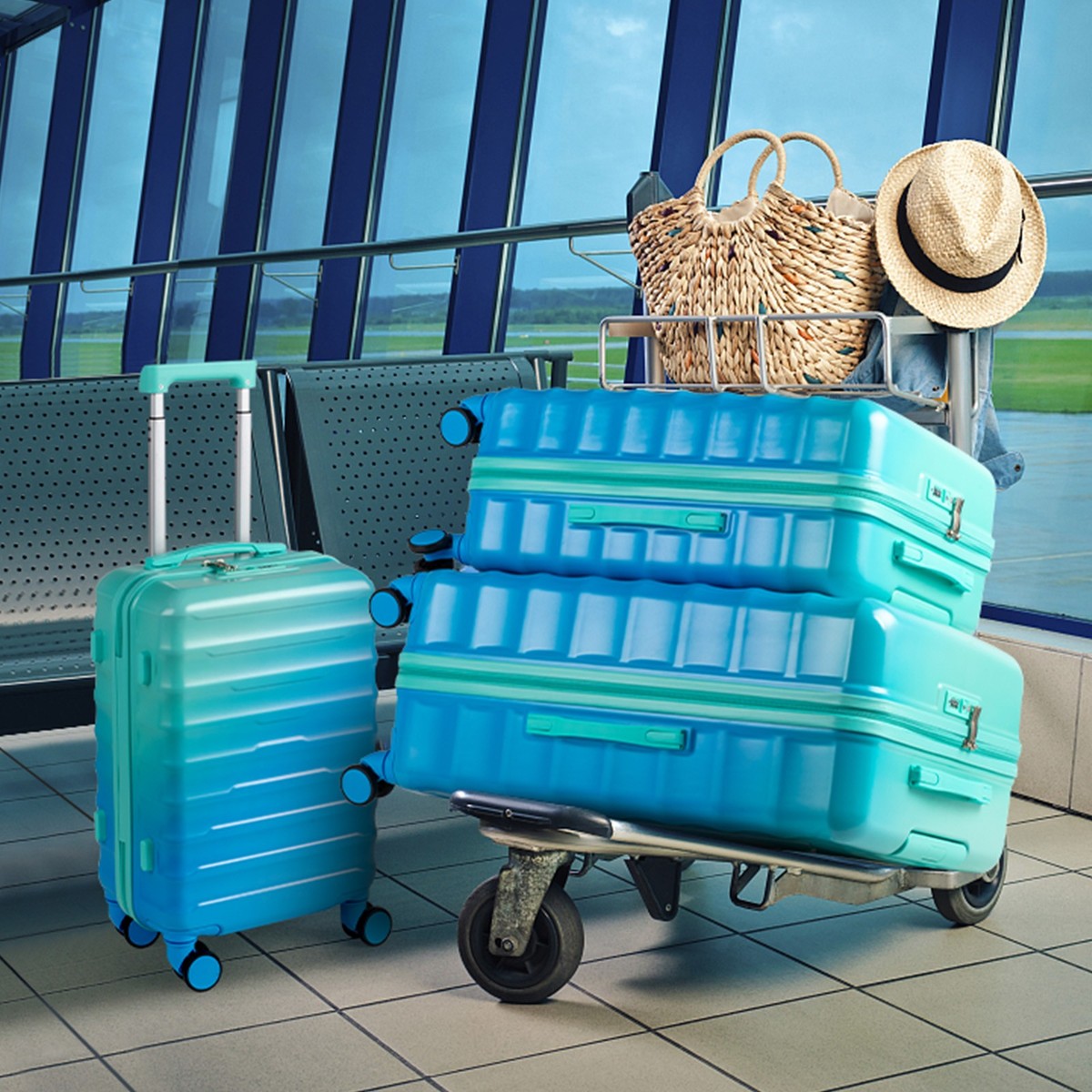3 Piece Luggage Set, Carry on Suitcase Sets Hardside Lightweight Spinner with TSA Lock, Sea Blue