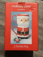 Macy’s Holiday Lane Christmas Santa Stacking Coffee Mugs 2pc set