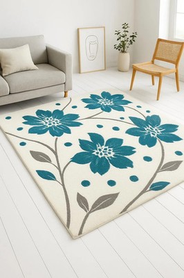 Modern Floral Area Rug   Cream & Teal Blue Flower Carpet | Soft Living Room Rug