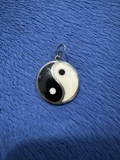 Vintage Boma Black Onyx Inlay Chinese Yin Yang Necklace Pendant, 1.5in Long