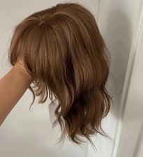 Short Wavy Brown Highlight Mix Synthetic Hair Wigs With Bangs Women Soft Natural