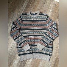 VTG GRANDPA SWEATER Multi Color Gray Blue Striped Patterned Funky Sweater Size L
