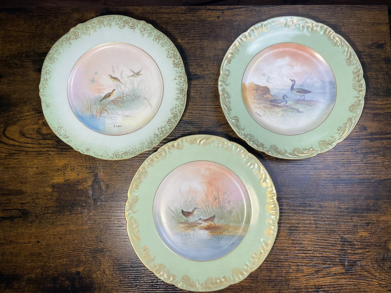 LOT 3 Antique Theodore Haviland Limoges France Porcelain Bird Game Green Plates