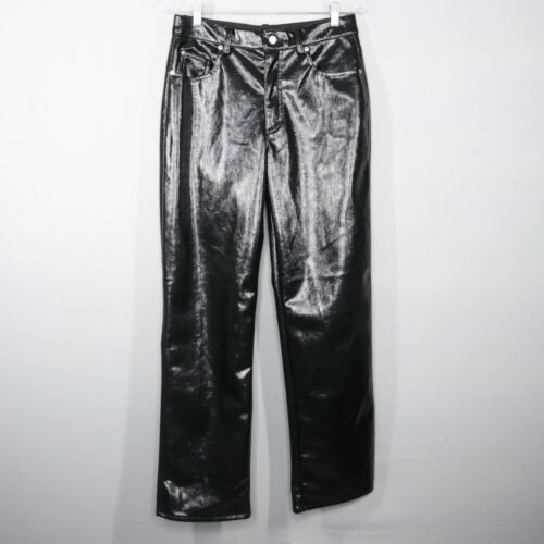 H&M Pants Womens Size 10 Black Vegan Leather Straight Leg High Waist 30" Inseam