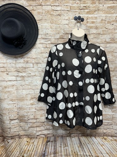 Ali Miles Black White Polka Dots 3/4 Sleeve Lightweight Wire Collar Blouse - L