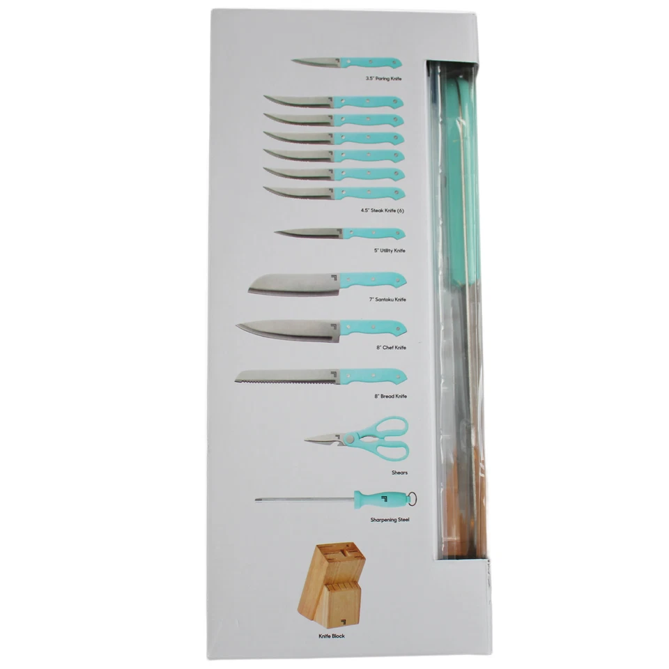 14 PC Sharper Image Knife Block Set AQUA SKY High Quality Stainless Steel Wood - Image 2 of 4
