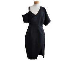 SIKA Collection Victoria Black Drop Off The Shoulder Slit Tulip Hem Dress 16