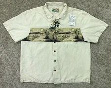 Paradise Found Shirt Mens XXL Cream Hawaiian Palm Trees Sail Boats Silk Linen